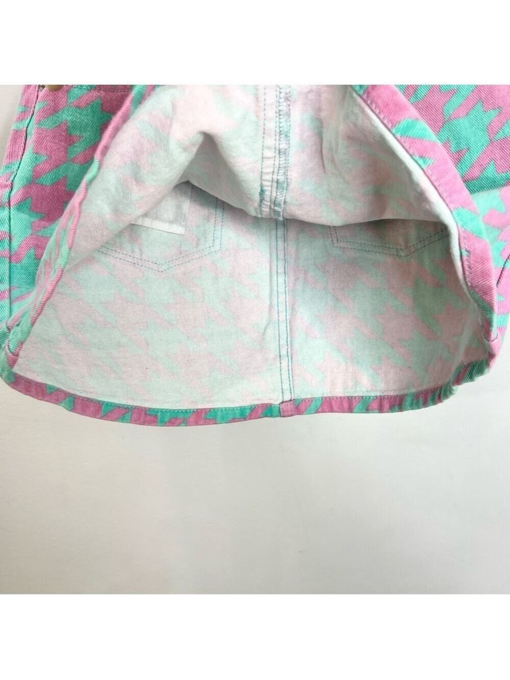Signature 8 aqua pink houndstooth check belted denim mini skirt M - Picture 7 of 11